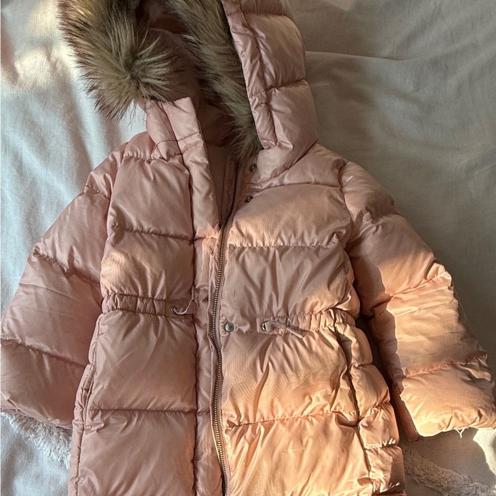 GAP Kids Pink Puffer Jacket with Faux Fur Hood